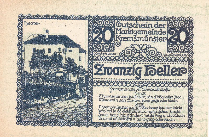 Нотгельд 20 геллеров 1920 года